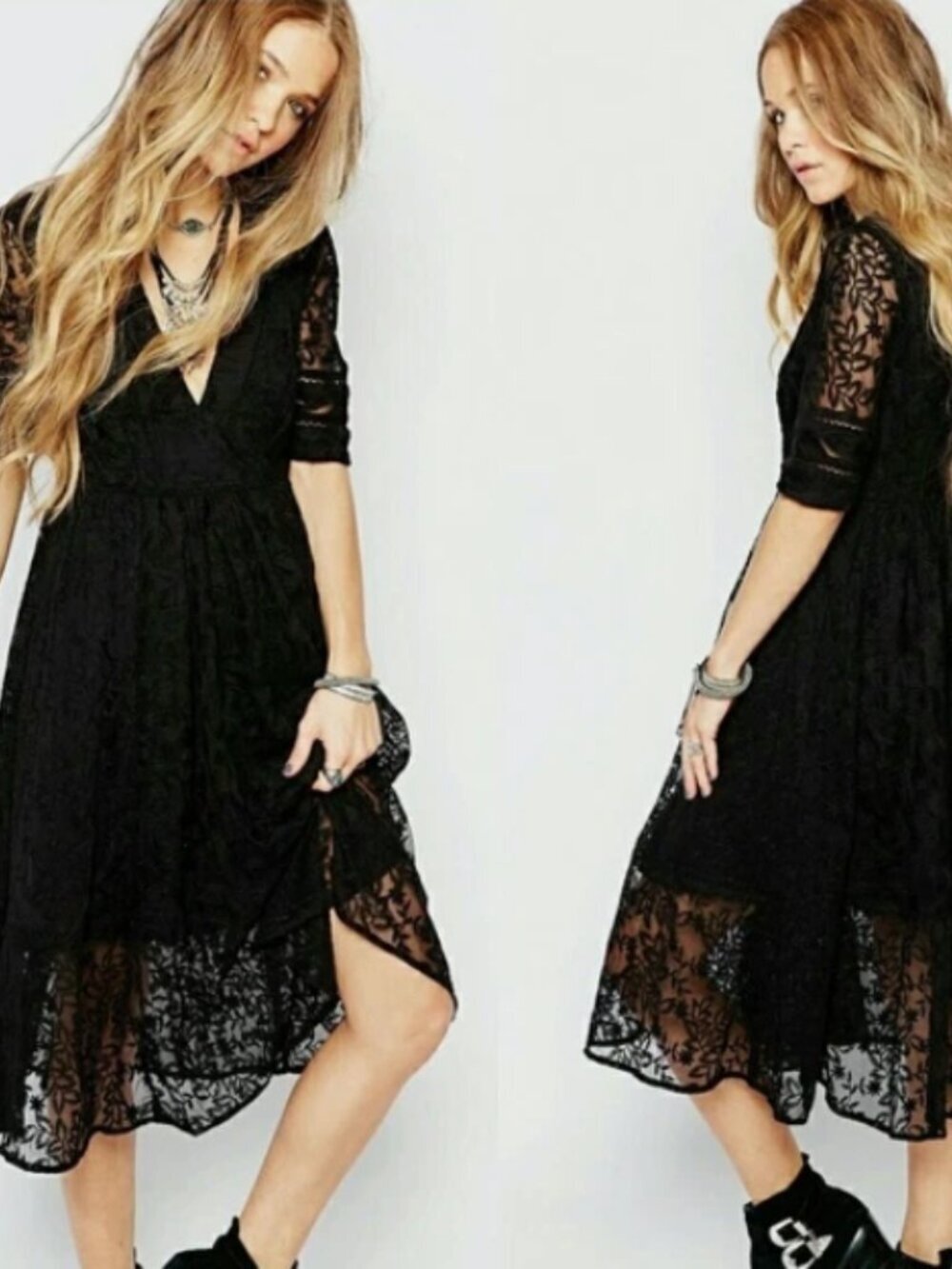 Black lace midi dress with sheer sleeves and V-neckline Free People size 2